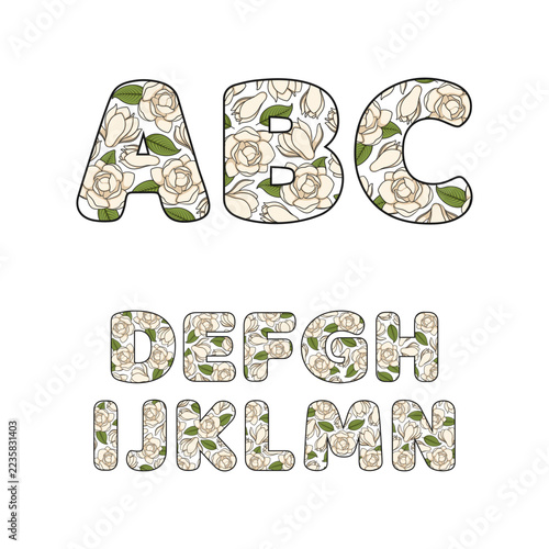 Font, letters A to N with flowers, buds and leaves of white magnolia. Isolated vector objects on white background.