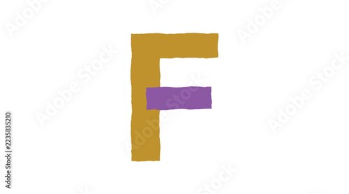 Handmade Letter F Paper Cutout Collage Alphabet Element in Mustard Yellow and Purple Isolated on White Background