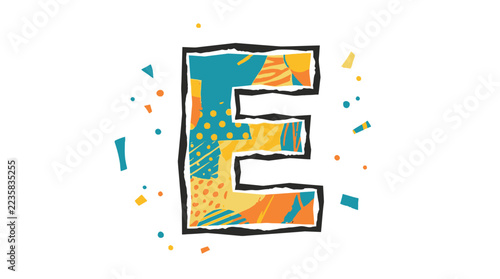 Creative Letter E Collage Illustration with Vibrant Patterns and Torn Paper Texture on White Background