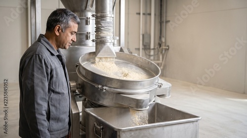 Mill specialist checks chickpea flour at sieve station