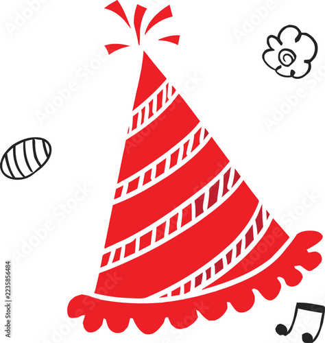 Red party hat with decorative stripes for birthday celebration and festive holiday events