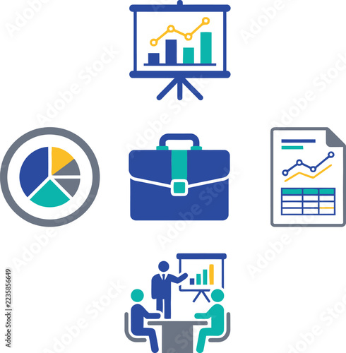 Set of business icons with charts graphs briefcase and a professional team meeting