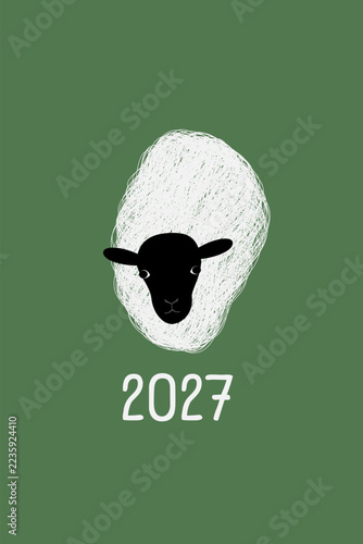Greeting card with a cute sheep and 2027 on green in hand drawn sketch art for New Year festivities. Raster illustration for festive greeting cards, holiday invitations, posters and digital stationery