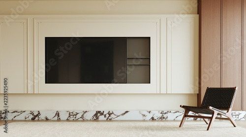 Modern Luxury Living Room Interior with Contemporary Furniture and tv waall, 3D Rendering
