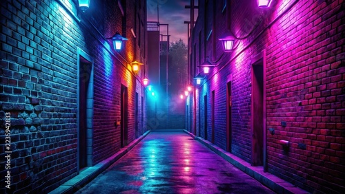 Darkened alleyway with vibrant neon brick wall and glowing streetlights creating an otherworldly ambiance at night , nighttime