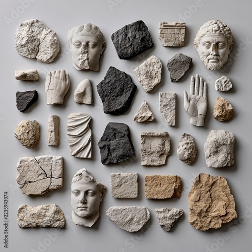 A collection of ancient stone fragments, including busts, hands, and architectural pieces, arranged artfully