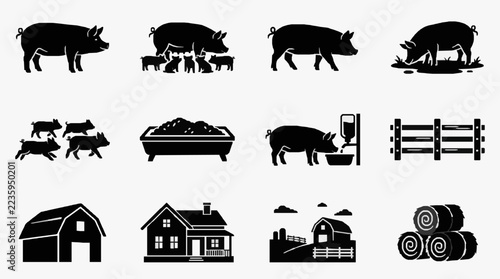 Farm Life Icon Set Featuring Pigs Barns and Rural Elements in Silhouette Style
