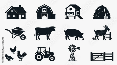 Farm Life Icon Set Rustic Buildings Livestock and Equipment Silhouettes
