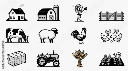 Farm Life Icons Set Featuring Animals Buildings and Agricultural Tools