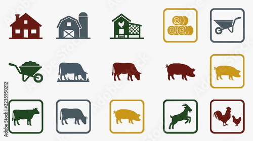 Farm Life Icons Set Featuring Animals Buildings and Equipment for Agricultural Designs