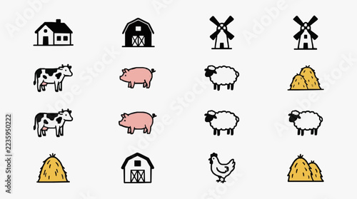 Farm Life Icons Set Featuring Animals Buildings and Hay Bales for Educational or Decorative Use