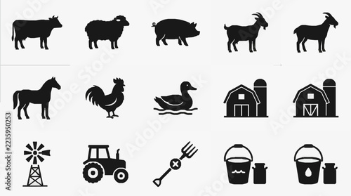 Farm Life Icons Set Featuring Animals Equipment and Structures