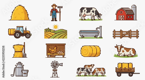 Farm Life Icons Set Featuring Animals Equipment and Scenic Elements