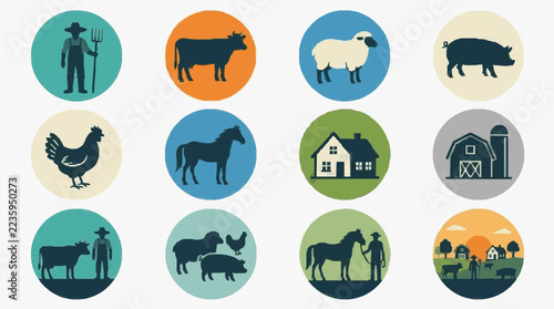 Farm Life Icons Set Featuring Animals Farmer Barn and Countryside Scenes