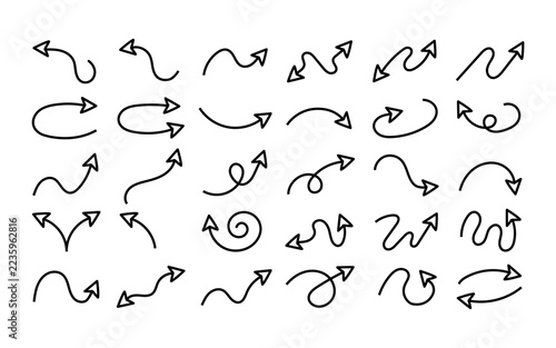 Outline Arrow Set. Curved doodle pointers with loops spirals and waves