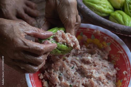 Obraz na plátně Experienced cook hands stuffing seasoned minced pork into fresh green bitter gou