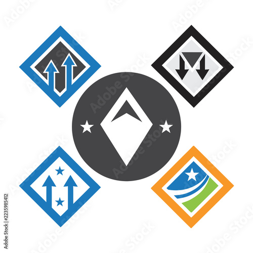 Geometric shapes and symbols in various colors and styles arranged