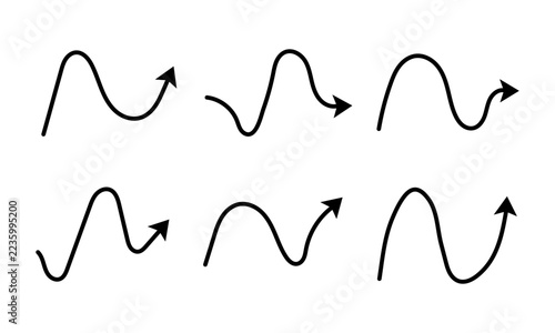 Wavy Arrow Icons. Six Hand Drawn Curved Direction Vector Symbols