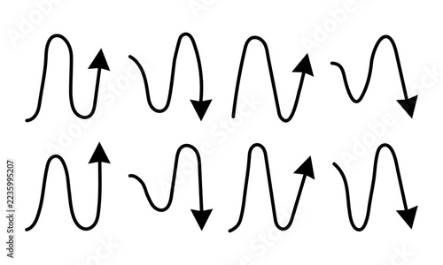 Zigzag Arrow Icons. Eight Wavy Curved Black Direction Vector Symbols