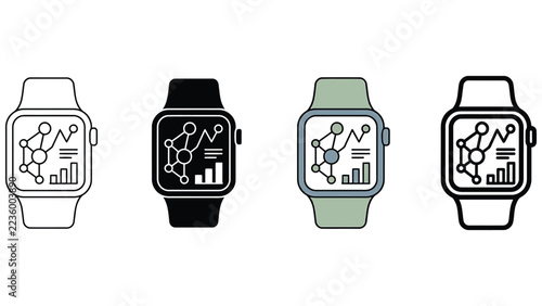 Set of four digital smart watch icons with data visualization and analytical charts isolated on white background