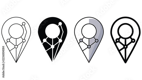 Set of four digital location map pin markers with abstract network connection node designs