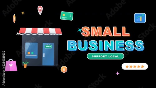 Support local small business concept illustration with storefront and shopping icons on black background