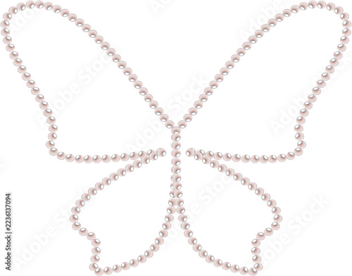 Butterfly outline silhouette made of delicate glowing pearls on white background