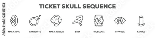 Ticket Skull Sequence with icon of Magic ring, Handcuffs, Magic mirror, Bird, Hourglass, Hypnosis, Candle
