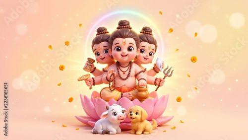 Cute Bal Dattatreya with Calf and Puppy – Chibi Hindu Deity Illustration.