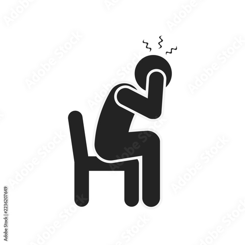 Isolated illustration of a silhouette of a stick figure sitting holding his head due to pain or dizziness, for medical education icons and advertisements in clinics and hospitals.