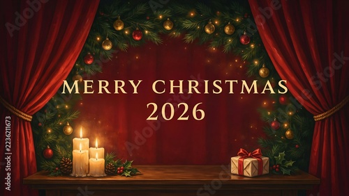 Merry Christmas 2026 Banner with Candles and Red Curtains
