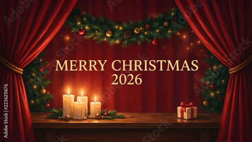 Merry Christmas 2026 Banner with Candles and Red Curtains