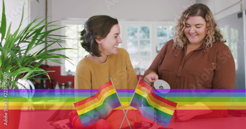 Image of rainbow flag over lesbian couple preparing coffee in kitchen