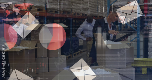 Image of financial data processing with envelope icons over diverse workers in warehouse