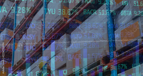 Image of financial data and graphs over warehouse