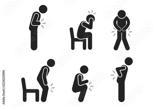 Isolated illustration bundle of stick figure silhouettes of people suffering from illness in body parts, for icons and medical education advertisements in clinics and hospitals.