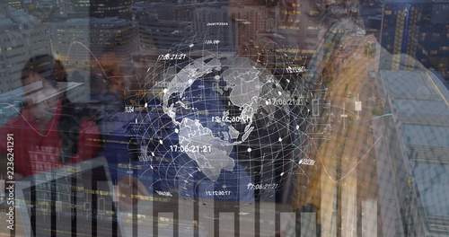 Image of globe and financial data processing over warehouse