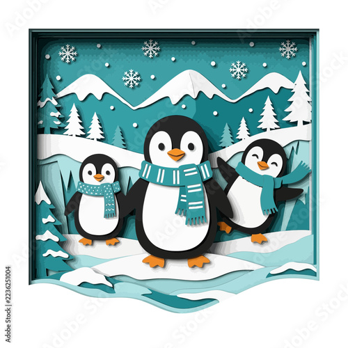 Cute penguins in winter scarf, snow, mountains, cartoon style