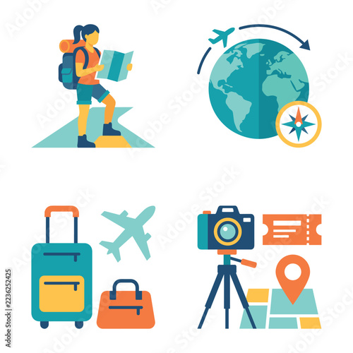 Colorful Travel Icons Featuring Hiker Globe Luggage Camera and Map.