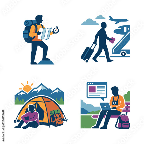 Travel and Hiking Vector Illustration Set.