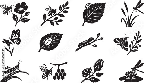 Set of black silhouette icons depicting various insects and plants