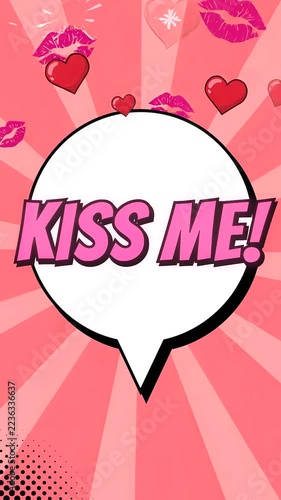 Kiss Me! Lettering Comic Book Style in Speech Bubble, Romantic Heart Symbol, Pink Pop Art Typography, Burst Background