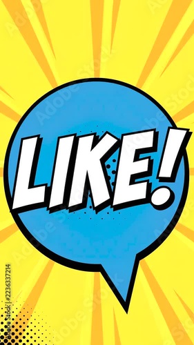 Like! Lettering Comic Book Style in Speech Bubble, Bold Pop Art Typography, Social Media Engagement, Yellow Burst Background