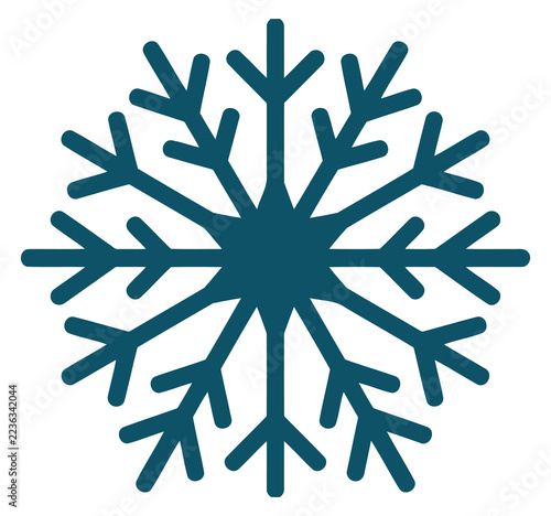 A symmetrical teal snowflake icon representing winter, cold weather, and ice, featuring intricate branching patterns, designed as a clean and simple flat vector graphic
