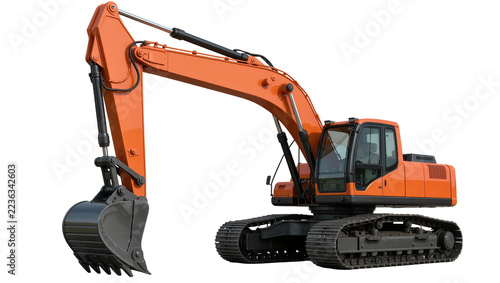 Obraz na plátně Orange hydraulic excavator with metal bucket and crawler tracks