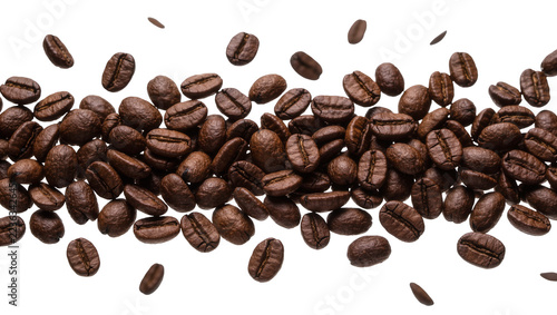 Fotografie Roasted dark brown coffee beans scattered in a horizontal line