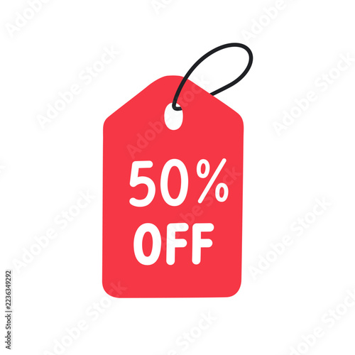 Red discount price tag with 50 percent off text⁠