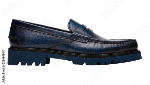 Fotografie Blue leather penny loafer shoe with thick lug sole, isolated on transparent back