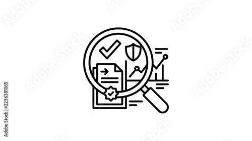 Quality Check Line Icon: Magnifying Glass, Document, Data Graph and Shield on Transparent Background