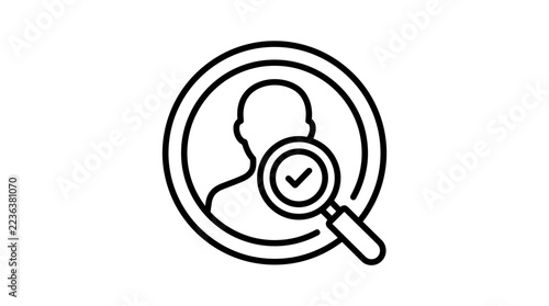 User Profile Verification Icon with Magnifying Glass and Checkmark, Isolated
